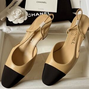 CHANEL Beige and Black Two-Tone Slingback Pumps